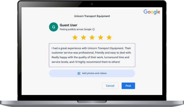 Example five star Google review of Unicorn Transport Equipment on a laptop