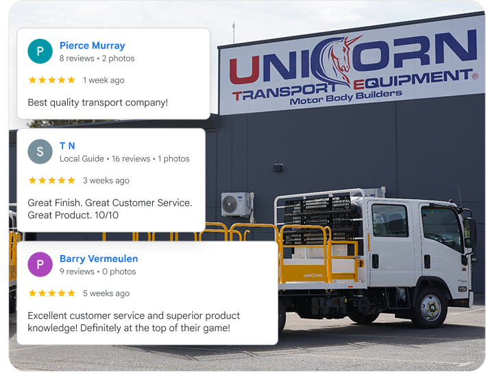 Google reviews of Unicorn Transport Equipment shown over their Perth facility